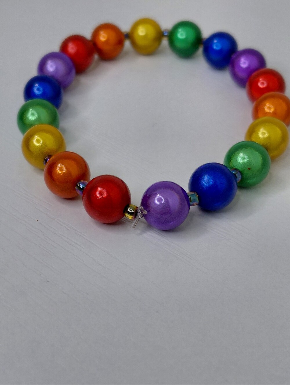 Hand Crafted Bright Rainbow Pearl Bead Stretch Bracelet 7.75 Inch